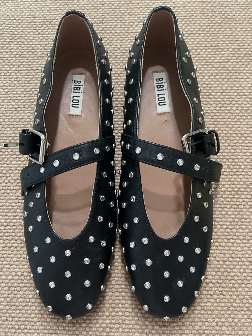 Bibi Lou Black Studded Mary Jane Flats with Buckle Strap